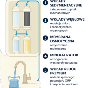 infografika procesu filtracji wody w systemie Alabaster Redox RO7 – 5 etapów: sedymentacja, filtracja węglowa, osmoza, mineralizacja, wkład REDOX Premium